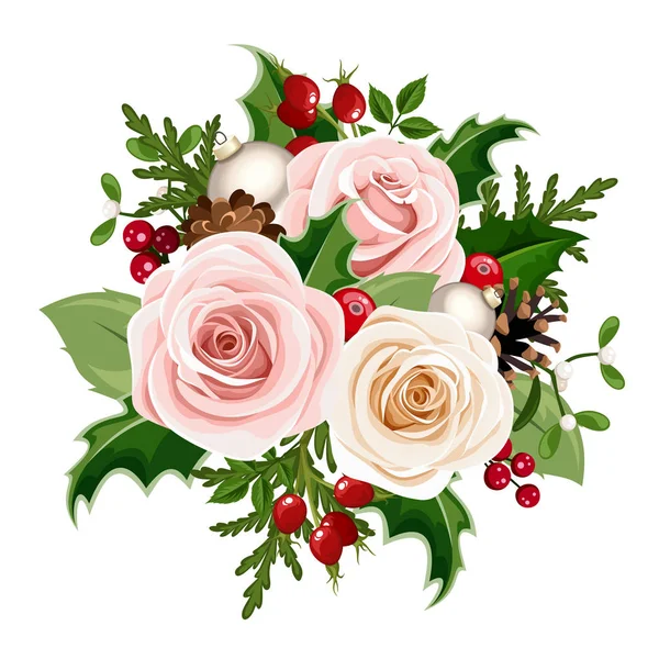 Vektor Weihnachtsstrauß Mit Rosa Und Weißen Rosen Kugeln Hagebuttenbeeren Stechpalme — Stockvektor