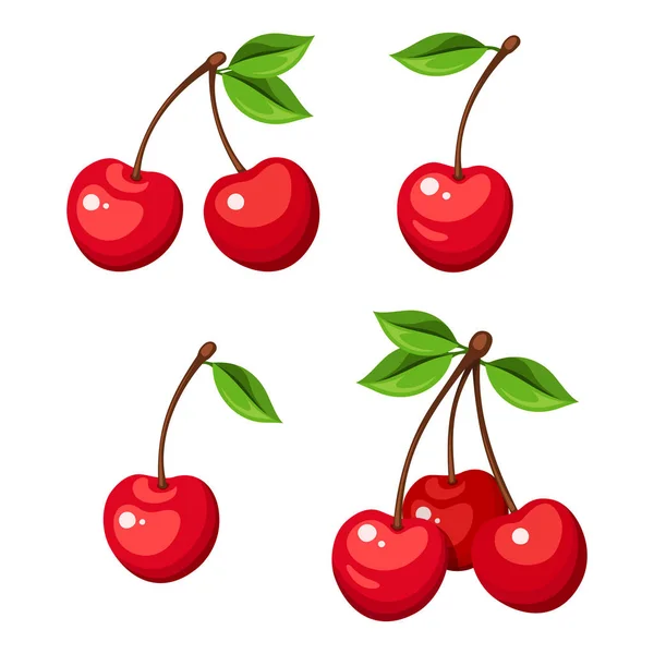 四颗樱桃浆果和一束樱桃在白色背景上分离的向量图 — 图库矢量图片