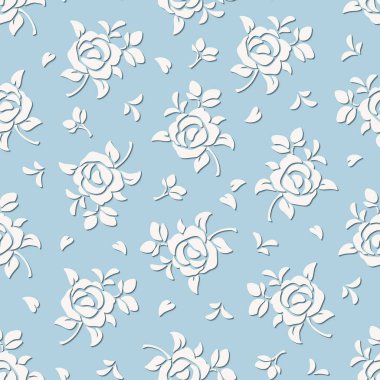 Gül desenli, lekesiz mavi beyaz çiçek deseni.