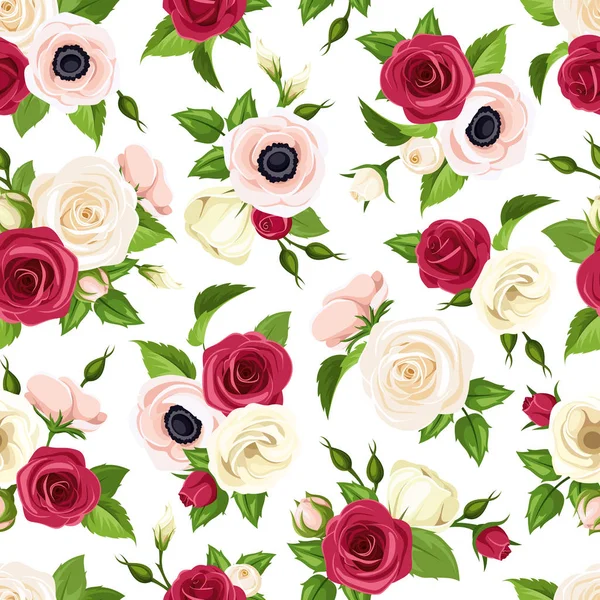 Kırmızı Pembe Beyaz Gül Lisianthuses Anemon Çiçeği Çiçek Yeşil Yaprakları — Stok Vektör