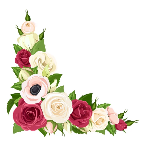Wektorowe Tło Narożnika Czerwonymi Różowymi Białymi Różami Lizyantusami Kwiatami Anemonu — Wektor stockowy