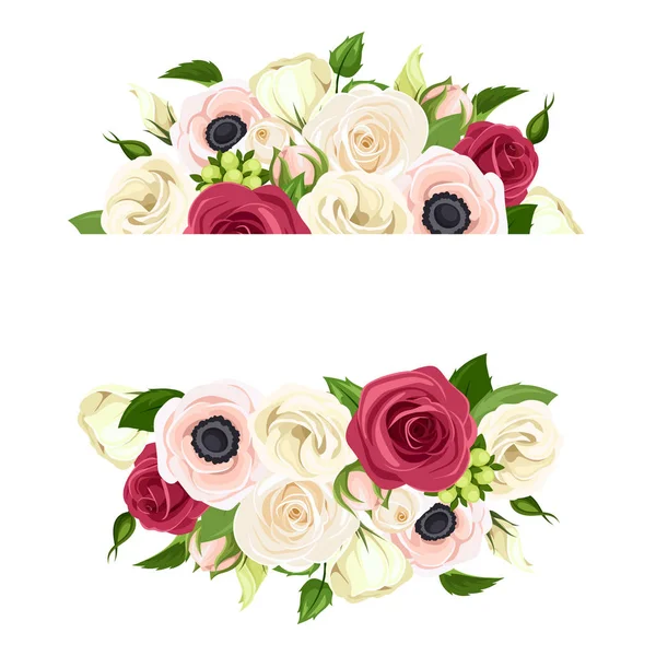 Banner Vetorial Com Rosas Vermelhas Rosa Brancas Lisianthuses Flores Anêmona —  Vetores de Stock