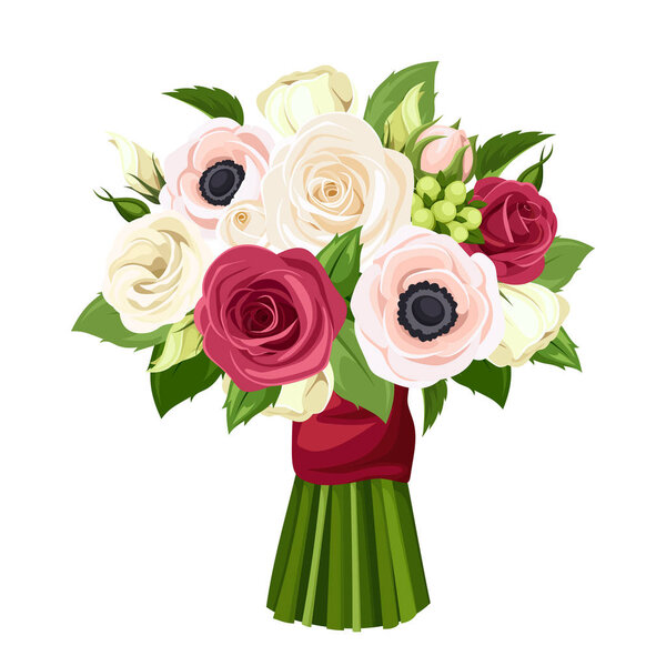 Vector bouquet of red, pink and white roses, lisianthuses and anemone flowers.
