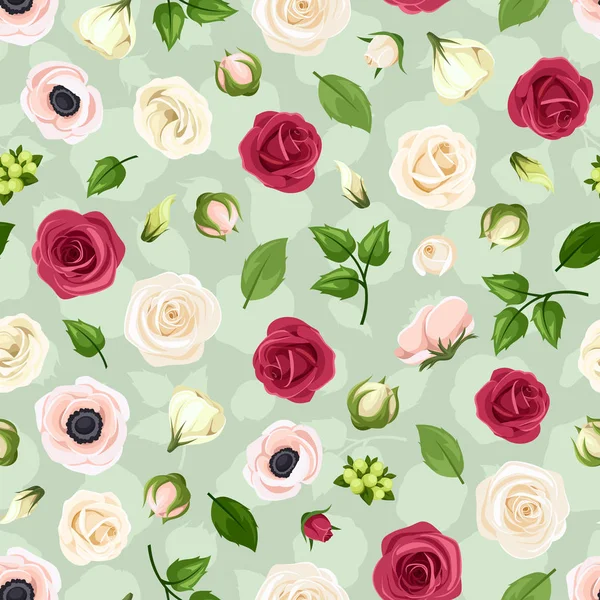 緑の背景に赤 ピンク 白のバラ ライサンスとイソギンチャクの花とベクトルシームレスパターン — ストックベクタ