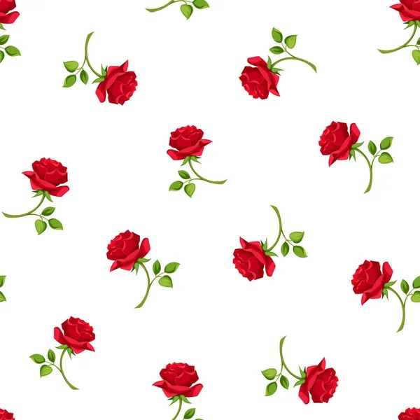 Vector Seamless Pattern Red Rose Flowers White Background — Stock Vector