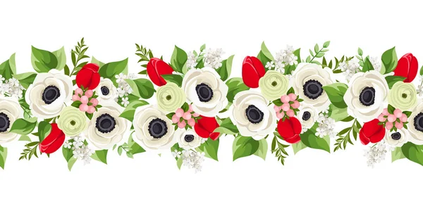 Vector Horizontal Seamless Garland Red Tulips White Anemone Flowers Green — 스톡 벡터