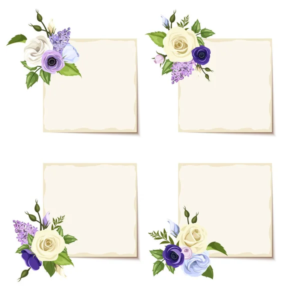 Vektorbeige Grußkarten Mit Blauen Lila Und Weißen Rosen Lisianthus Anemonen — Stockvektor