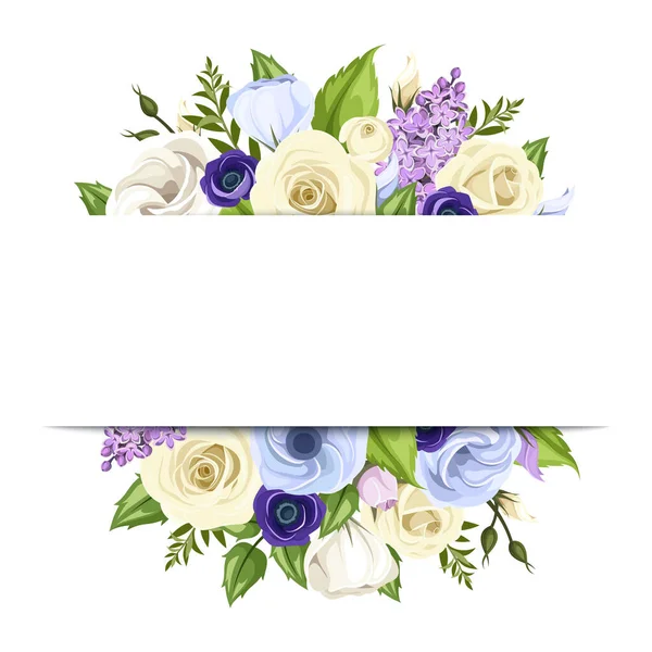 Vector Banner Blue Purple White Roses Lisianthuses Anemones Lilac Flowers — 스톡 벡터