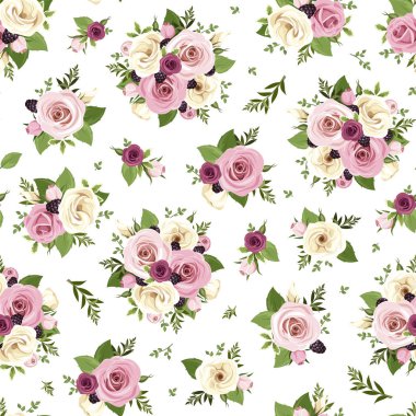 Pembe, mor ve beyaz güller ve lisianthus çiçekleri ve böğürtlenlerle vektörsüz desen.