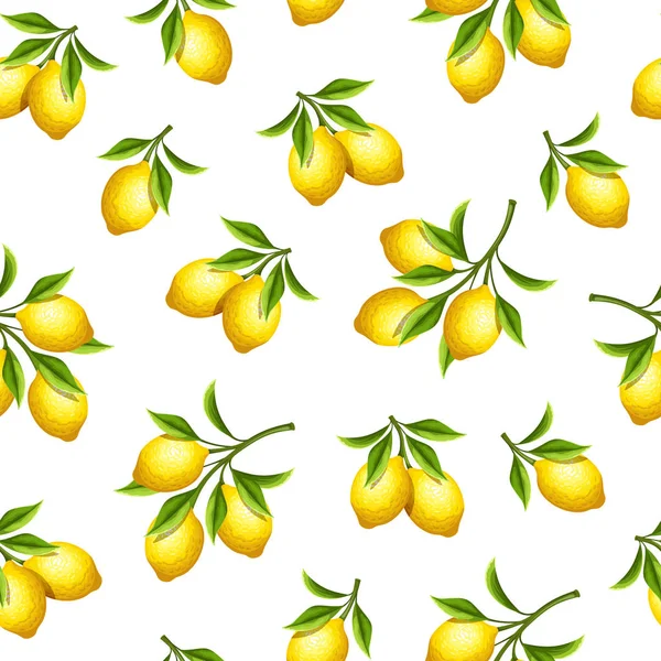 Векторный Бесшовный Рисунок Желтыми Лимонными Фруктовыми Ветвями Белом Фоне — стоковый вектор