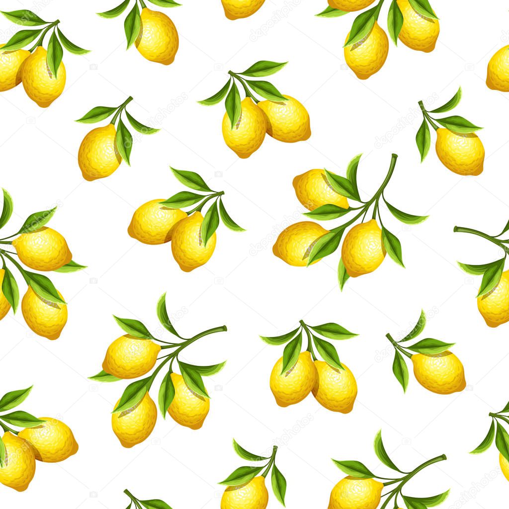 Vector seamless pattern with yellow lemon fruit branches on a white background.