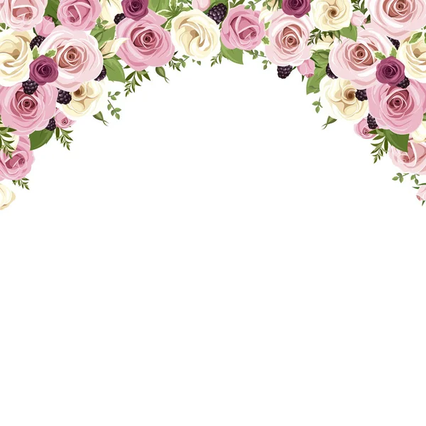 Векторный Фон Граничит Розовыми Белыми Листьями Цветками Лисиантуса Ежевикой Зеленью — стоковый вектор