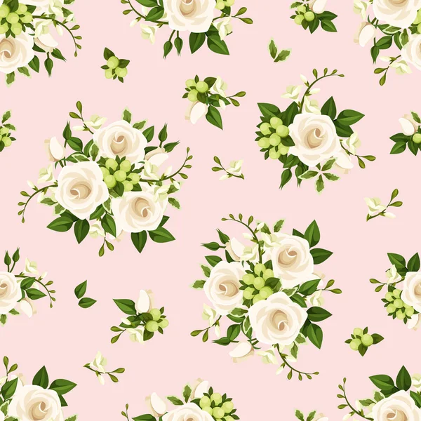 有白色玫瑰 菊花和粉色背景绿叶的病媒无缝图案 — 图库矢量图片