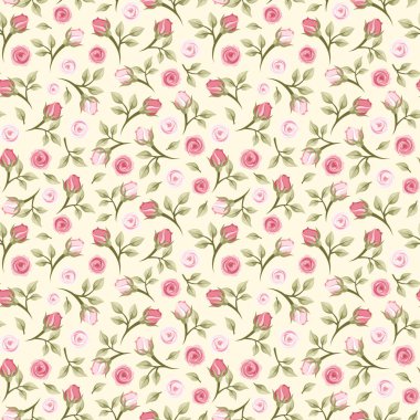 Sarı arka planda küçük pembe güller olan pürüzsüz bir desen..