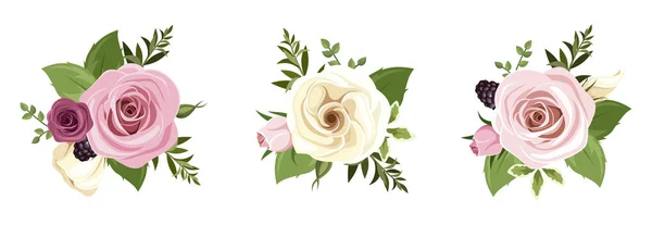 Conjunto Rosas Rosa Branca Flores Lisianthus Amoras Isoladas Fundo Branco — Vetor de Stock