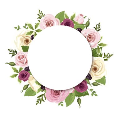 Vector selamı veya davetiye kartı pembe ve beyaz güller ve lisianthus çiçekleri ve böğürtlen.