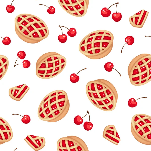 Vector Seamless Pattern Cherry Pies Cherries White — Stock Vector