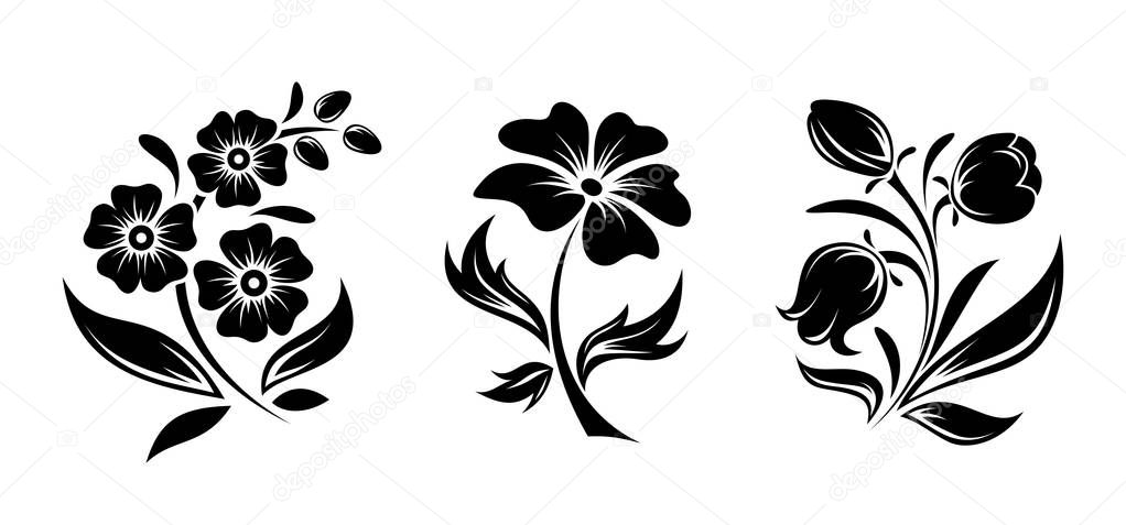 Vector black silhouettes of flowers isolated on a white background.