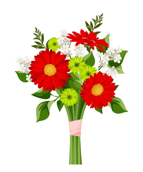 Bouquet Vectoriel Fleurs Rouges Vertes Blanches Isolé Sur Fond Blanc — Image vectorielle