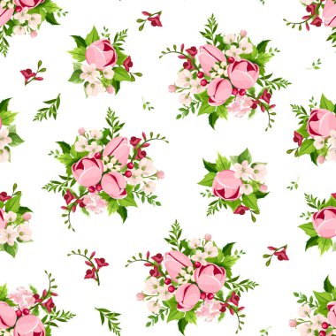 Beyaz arkaplanda pembe lale ve frezya çiçekleri olan kusursuz bir desen..