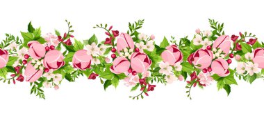 Beyaz arkaplanda pembe lale ve frezya çiçekleri olan yatay ve pürüzsüz bir sınır..