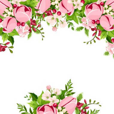 Pembe lale ve frezya çiçekleriyle vektör selamı veya davetiye kartı.