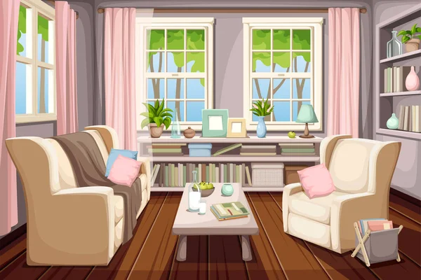 Vector Cozy Spring Living Room Interior — Stock Vector