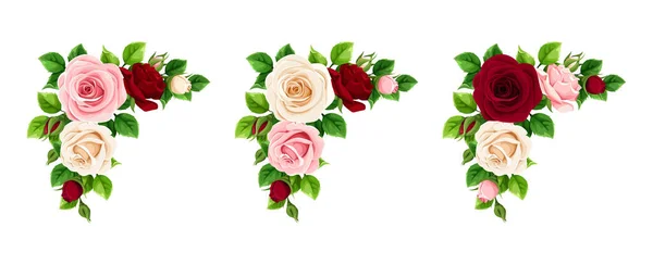 Векторный Набор Розовых Бордовых Белых Роз Угловые Декоративные Элементы Изолированные — стоковый вектор