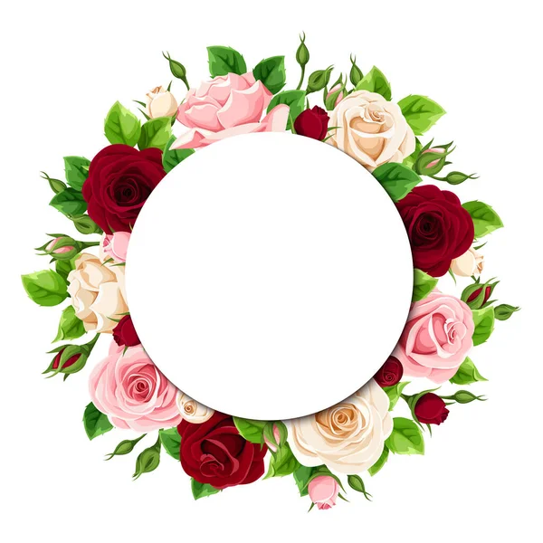Векторное Поздравление Пригласительный Круг Розовыми Бордовыми Белыми Розами — стоковый вектор