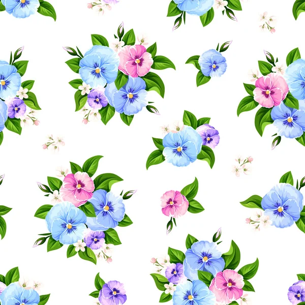 Padrão Sem Costura Vetorial Com Azul Rosa Roxo Flores Pansy —  Vetores de Stock