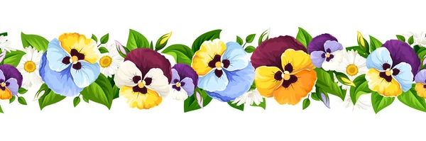 Borda Sem Costura Horizontal Vetorial Com Flores Coloridas Pansy — Vetor de Stock