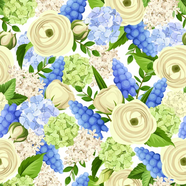 Vector Seamless Pattern White Ranunculus Blue Hydrangea Hyacinth Flowers — Stock Vector