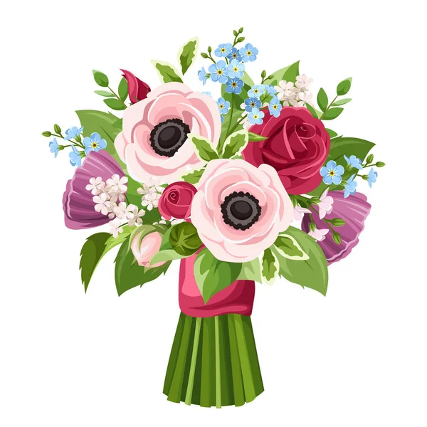 Vector Bouquet Red Pink Purple Blue Anemones Roses Forget Flowers — Stock Vector