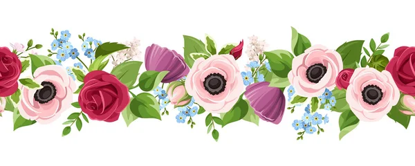 ピンク 青のイソギンチャクとベクトル水平シームレスな境界線 バラと忘れない私 白の背景の花 — ストックベクタ