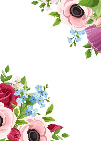 Cartão Vetor Convite Com Anêmonas Vermelhas Rosa Roxas Azuis Rosas —  Vetores de Stock