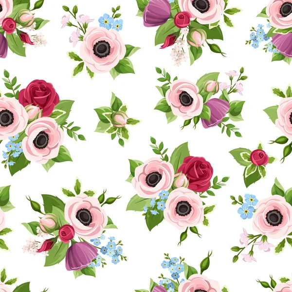 Motif Vectoriel Sans Couture Avec Anémones Rouges Roses Violettes Bleues — Image vectorielle