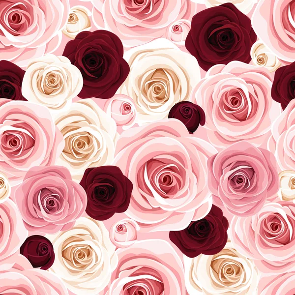 Textura Fundo Sem Costura Vetorial Com Rosas Rosa Borgonha Branca — Vetor de Stock