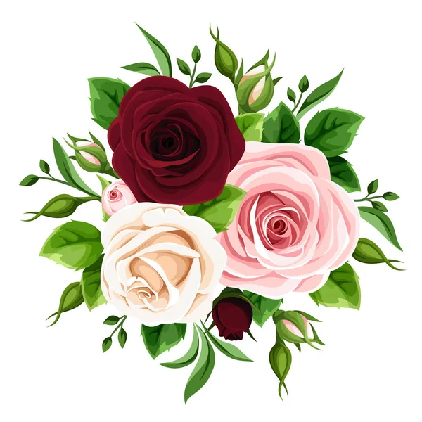 Buquê Vetor Rosas Rosa Borgonha Branca Isoladas Fundo Branco — Vetor de Stock