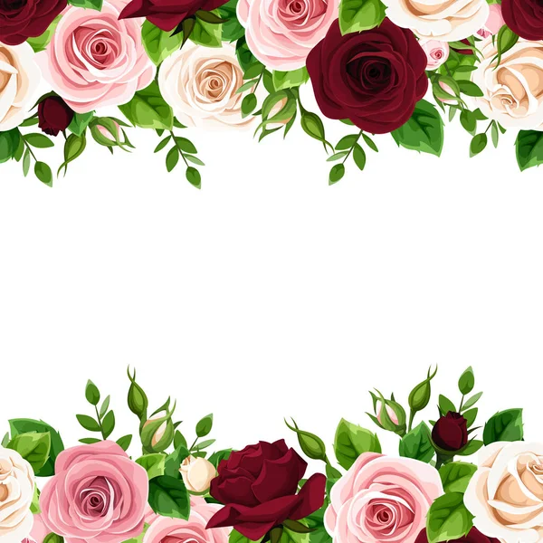 Διάνυσμα Οριζόντιο Πλαίσιο Χωρίς Ραφή Μπορντό Ροζ Και Λευκά Τριαντάφυλλα — Διανυσματικό Αρχείο