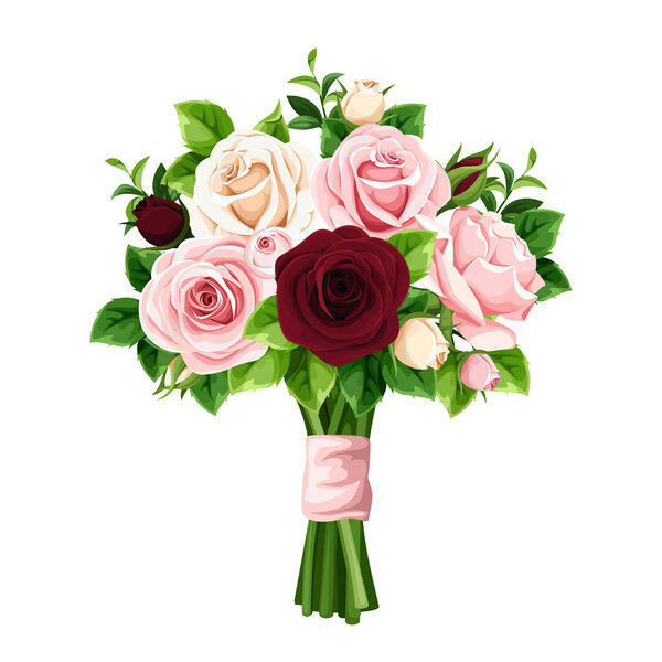 Vector bouquet of pink, burgundy and white roses isolated on a white background.