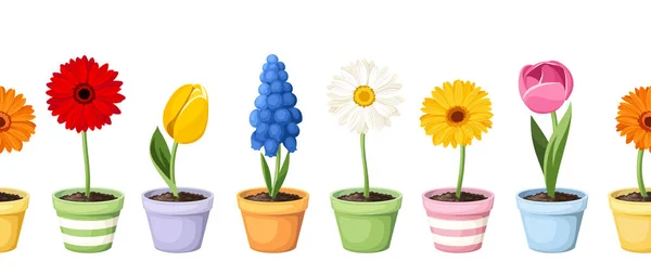 Vektor Vízszintes Zökkenőmentes Háttér Színes Tavaszi Virágok Virágcserépben — Stock Vector