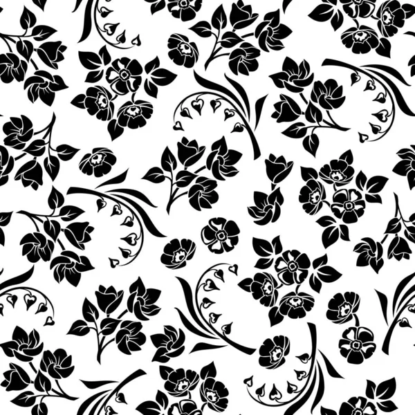 Vector Seamless Black White Floral Pattern Various Flowers — Stock Vector