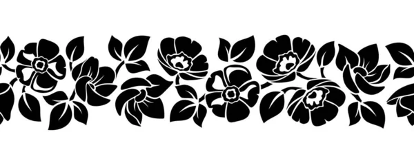 Vector Horizontal Seamless Black White Border Flowers Silhouettes — Stock Vector
