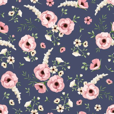 Mor arkaplanda pembe ve beyaz çiçekli kusursuz bir desen.