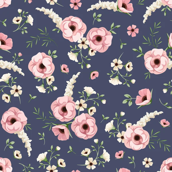 Mor arkaplanda pembe ve beyaz çiçekli kusursuz bir desen.