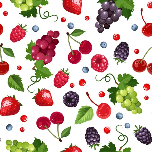 イチゴ ラズベリー ブドウ ブラックベリー チェリー ブルーベリー 現在のベリーとベクトルシームレスな背景 — ストックベクタ