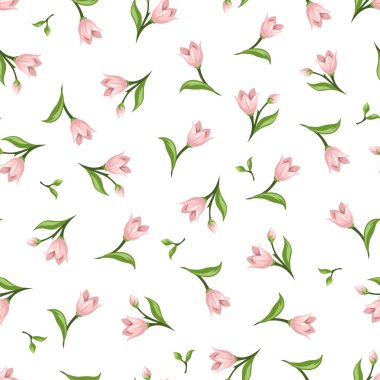 Beyaz arka planda pembe çiçekli ve yeşil yapraklı vektör deseni.