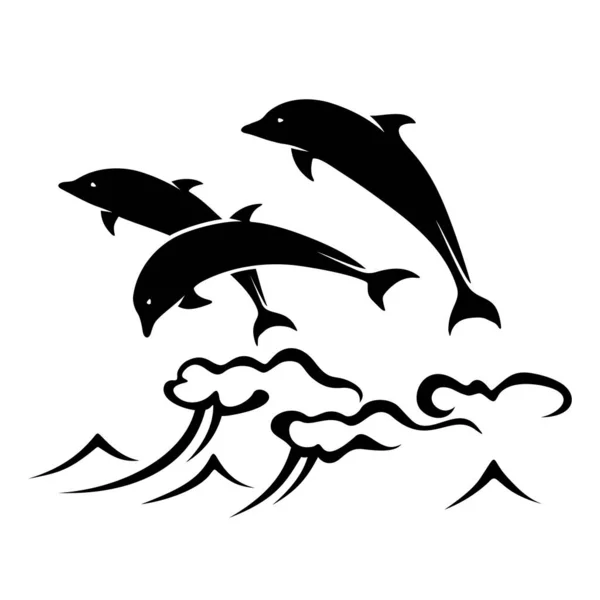 3匹のイルカが海の波から飛び降ります ベクトル黒と白のイラスト — ストックベクタ