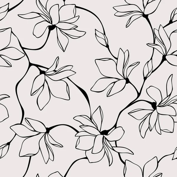 Vector Naadloos Bloemenpatroon Met Magnolia Bloemen Lijnkunst Illustratie — Stockvector