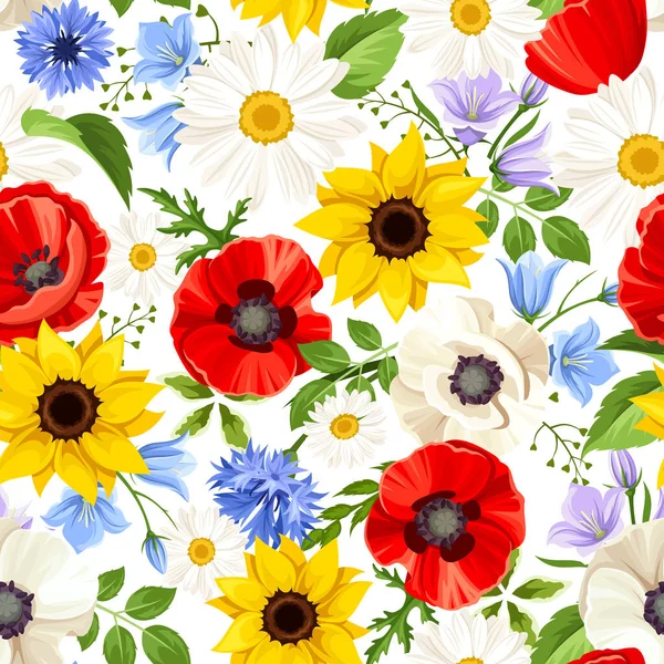 Vector Seamless Pattern Colorful Flowers Sunflowers Poppies Daisies Bluebells Cornflowers — Stock Vector